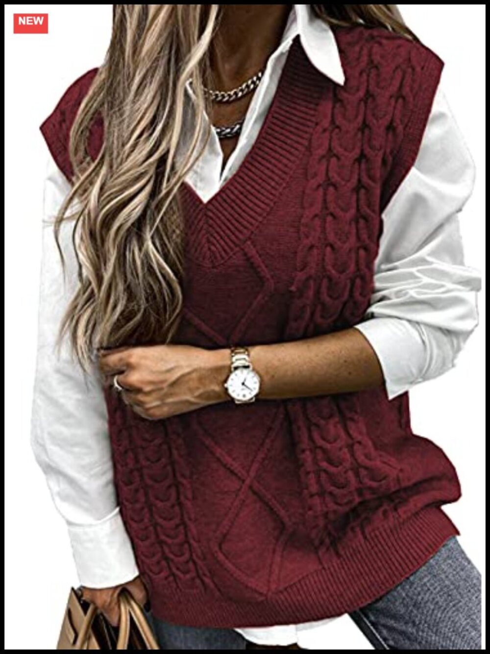 Oversized V Neck Cable Knit Sweater Vest Sleeveless Pullover